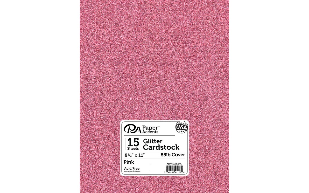 PA Paper Accents Glitter Cardstock 8.5" x 11" Pink, 85lb colored cardstock paper for card making, scrapbooking, printing, quilling and crafts, 15 piece pack